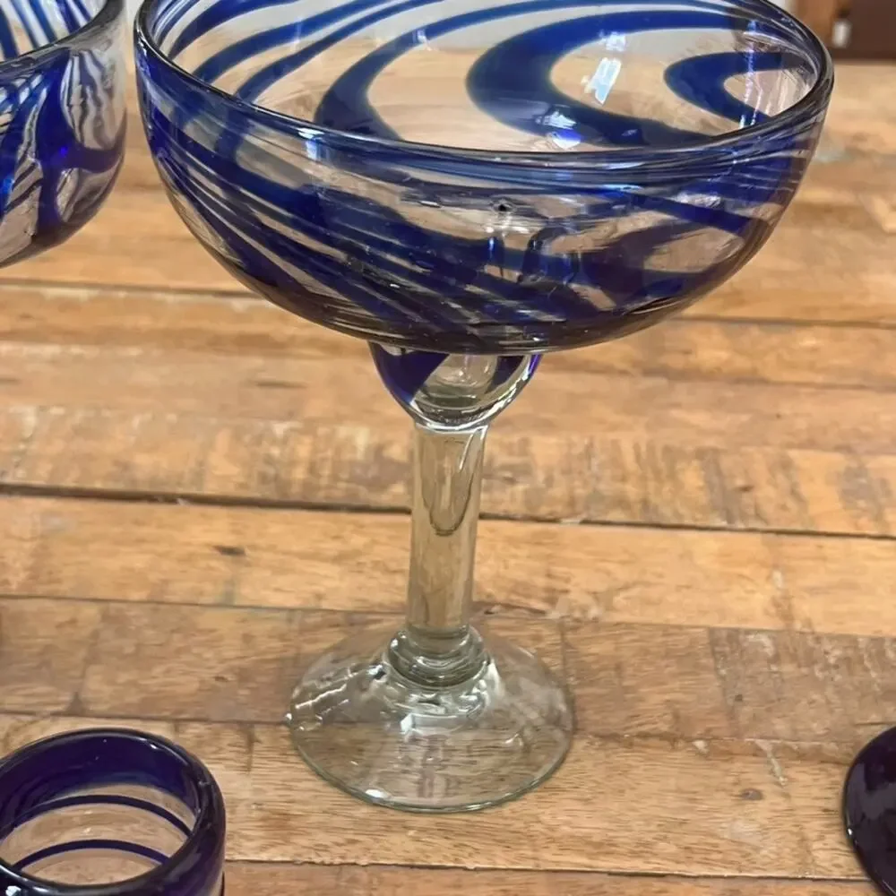 Blue Swirl Glassware Set 2 Margarita 1 Shot Glass 1 Wine Glass 1 Highball Glass